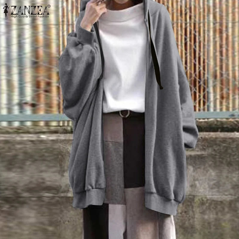 ZANZEA Long Sleeve Korean Style Sweatshirts Hooded Oversize Street Fashion Loose Casual Hoodies Autumn Drawstring Women Outwears