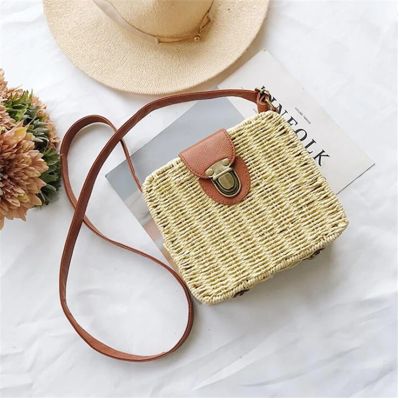 Hand-woven Women Straw Bag Ladies Shoulder Bags Beach Travel Crossbody Bag Female Small Rattan Box Handbag Shopper Totes Bohemia
