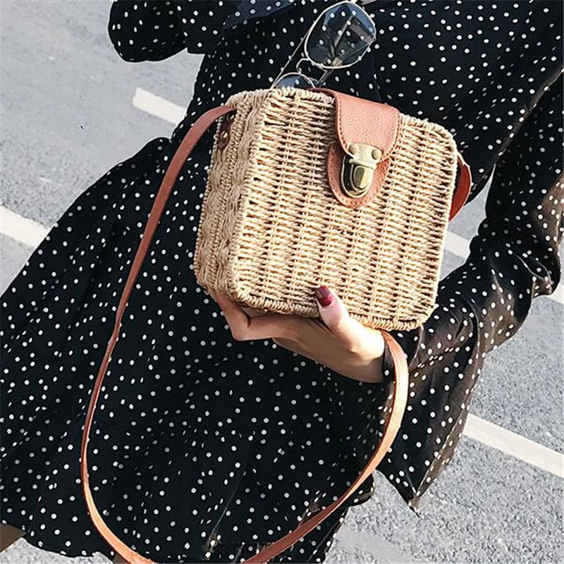 Hand-woven Women Straw Bag Ladies Shoulder Bags Beach Travel Crossbody Bag Female Small Rattan Box Handbag Shopper Totes Bohemia