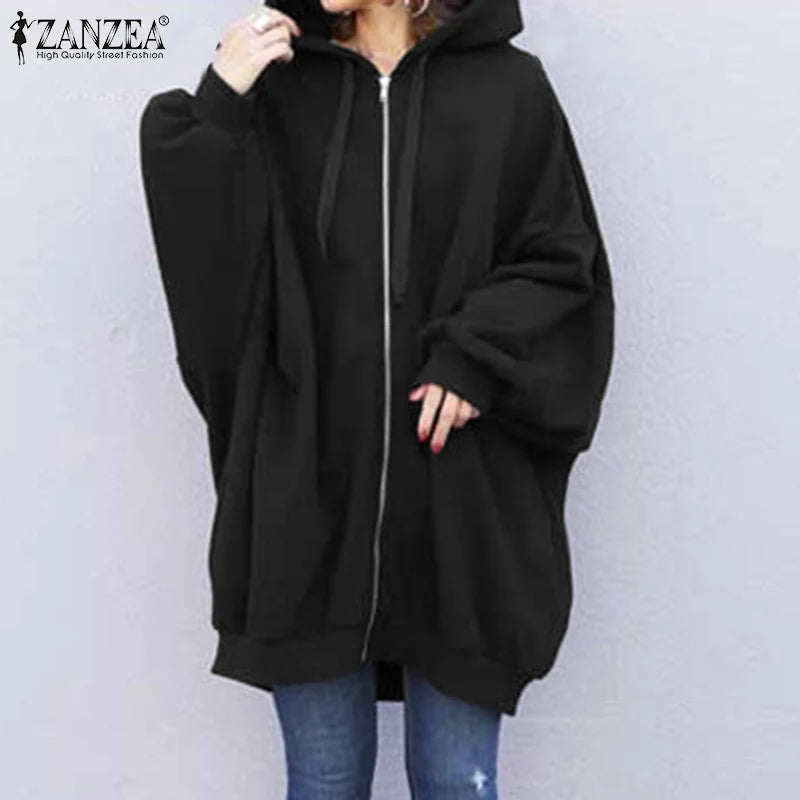 ZANZEA Long Sleeve Korean Style Sweatshirts Hooded Oversize Street Fashion Loose Casual Hoodies Autumn Drawstring Women Outwears