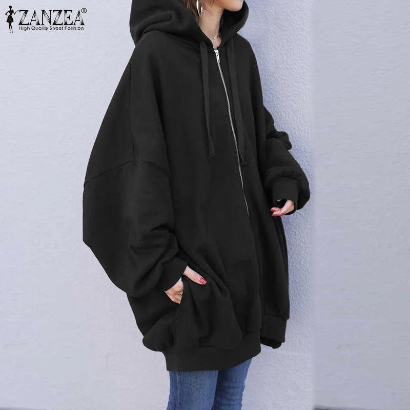 ZANZEA Long Sleeve Korean Style Sweatshirts Hooded Oversize Street Fashion Loose Casual Hoodies Autumn Drawstring Women Outwears