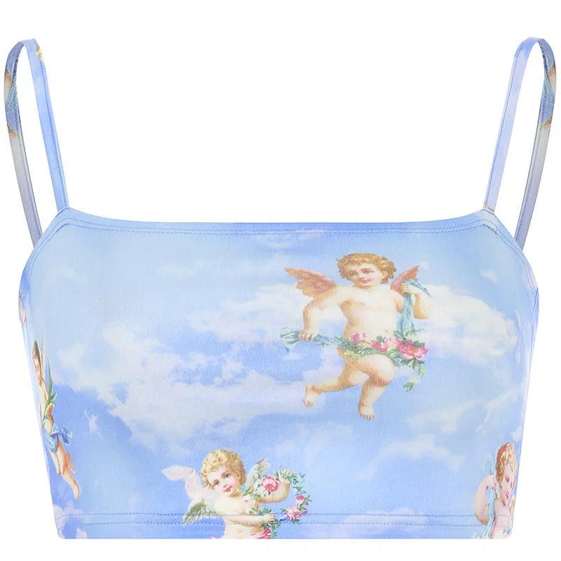 2025 New Fashion Women camisole Sling Top Vest Sleeveless Cold Shoulder The Angel Of Cupid Print Short Camis Female Summer Top
