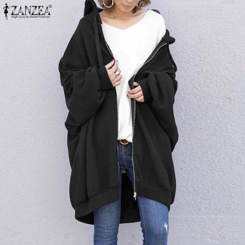 ZANZEA Long Sleeve Korean Style Sweatshirts Hooded Oversize Street Fashion Loose Casual Hoodies Autumn Drawstring Women Outwears