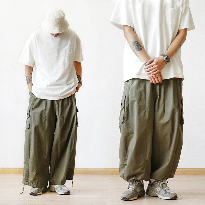 Multi-Pocket Cargo Pants Men's Casual Solid Straight Baggy Wide-leg Cropped Trousers Men Ankle-length Jogger Pants Harem Pants