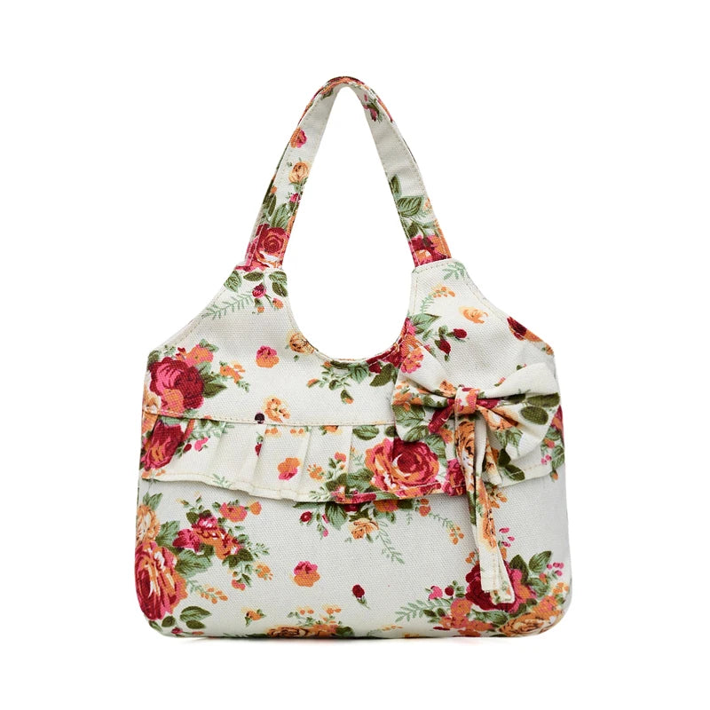 Retro Women Canvas Handbag Bow Shoulder Bag Female Flower Printed Fashion Small Canvas Bag Mobile Phone Bag Coin Purse Mini Bag