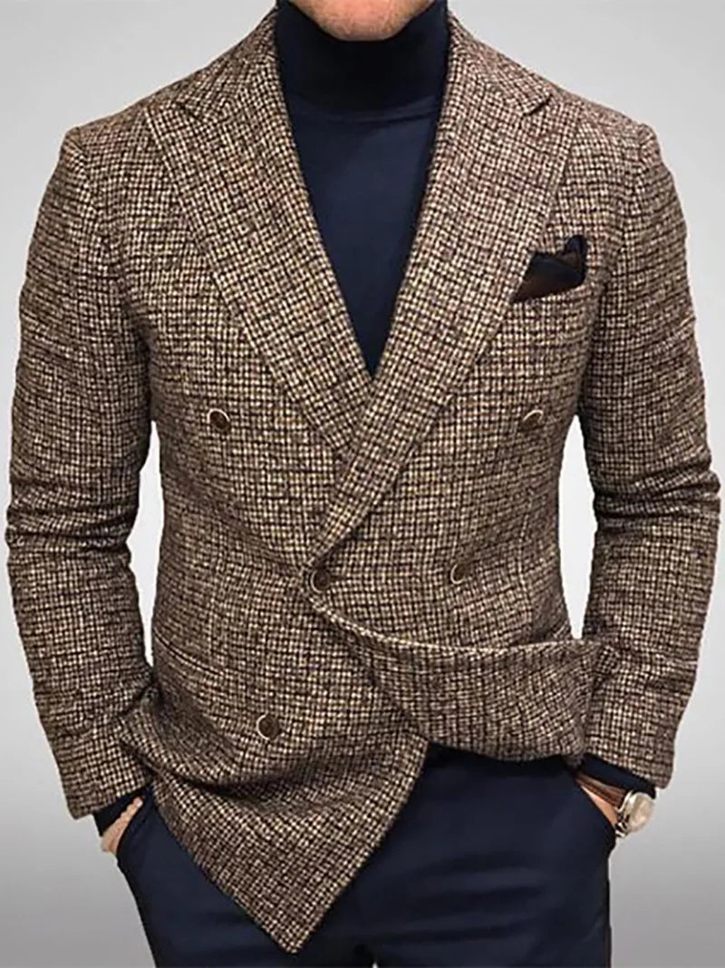 2024 Spring Autumn Men Blazers Slim Fit Plaid Suits Jackets Male Long Sleeve Double-breasted Outerwear Business Casual Coats