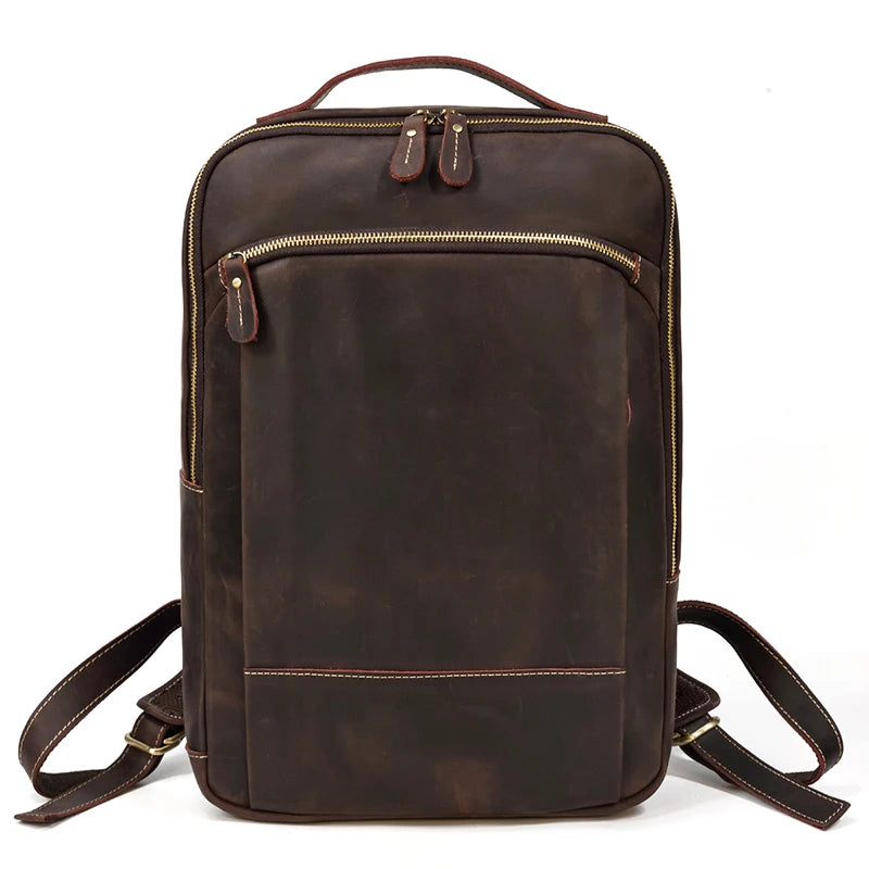 Vintage Travel Backpack leather double zipper bagpack male crazy horse leather backpack handmade leather travel bag men bag