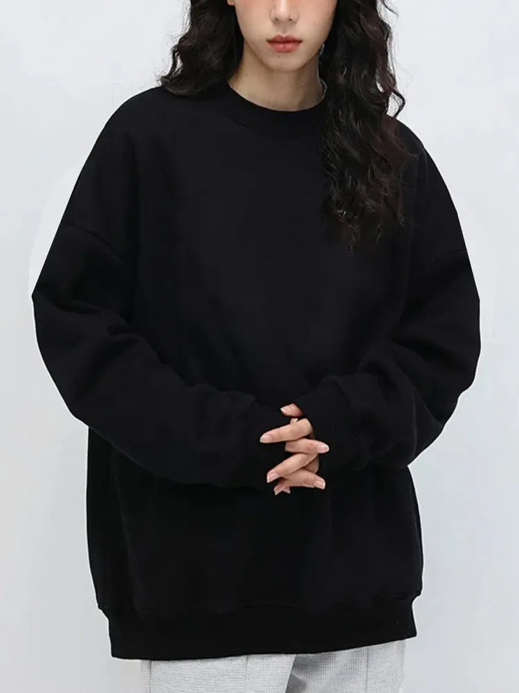 Autumn Winter Y2k Clothes Fleece-line Tops O Neck Sweatshirt Men And Women Long Sleeve Black Pullover Campus Style Loose Couple