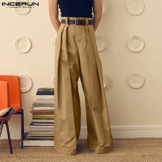 INCERUN Men Wide Leg Pants Solid Color Button Joggers Loose Pleated Casual Trousers Men Streetwear 2024 Fashion Long Pants S-5XL