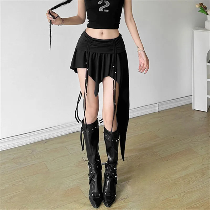 Goth Dark Mall Gothic Dropped Waist Drawstring Mini Skirt Punk Grunge Women Irregular Hem A-line Skirts Chic E-girl Techwear Y2K