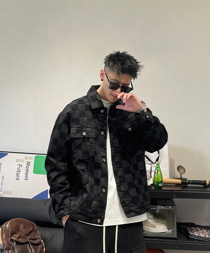 Denim Jackets Man Wide Shoulders Autumn Jeans Coat for Men Black Plaid Fashion Korean Popular Clothes of Fabric Winter 2024 Y2k