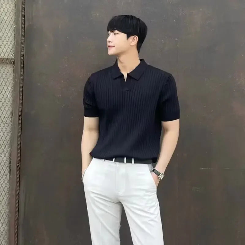 Summer New Light Maturity Knitted Polo Shirt Men's Korean Style Slim Fit Collar Pure Color Casual T-Shirt Cross-Border