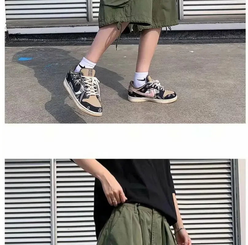 Khaki 7-point Men Summer Thin Japanese Workwear Wide-leg Loose Over-knee Shorts
