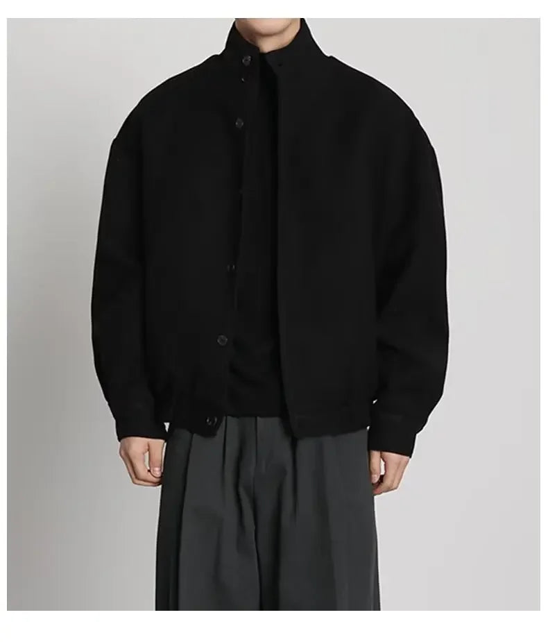 Autumn Winter Men's Fashion Stand Collar Jacket Woolen Coat British Style Baseball Design Workwear Thin Model Summer Suitable