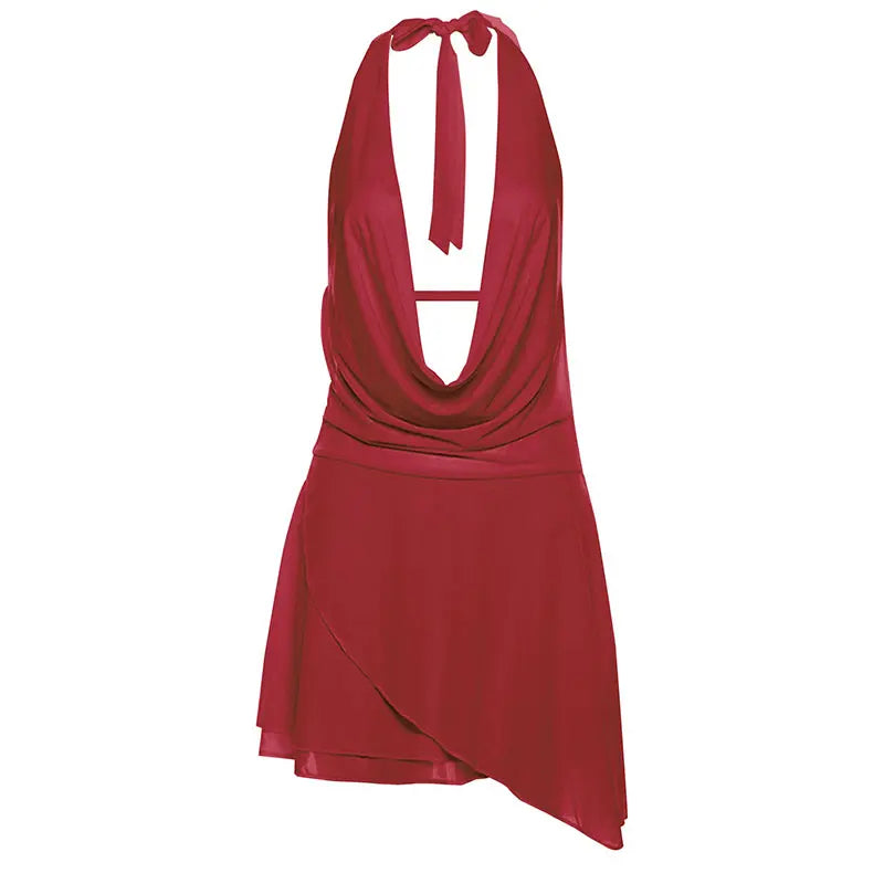 Summer Mini Dresses Fashion Women Solid Sleeveless Sexy Backless Low Chest V-Neck Halter Dresses Casual Streetwear Female Dress