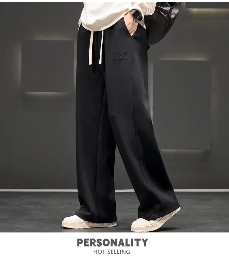 Autumn New Men Knitted Sports Pant Steel Stamp Printing Wide Leg Casual Trousers Straight Solid Lightweight Cotton Fabric Unisex