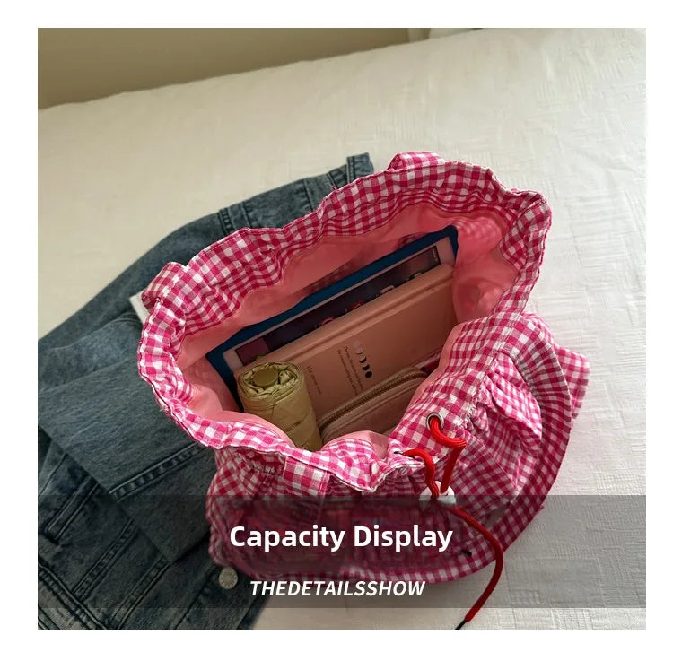Korean Sle Large Capaci Canvas Tote Bag Blue Plaid Single oulder Skirt Pleated Gown Bag Faionable Casual Handbag