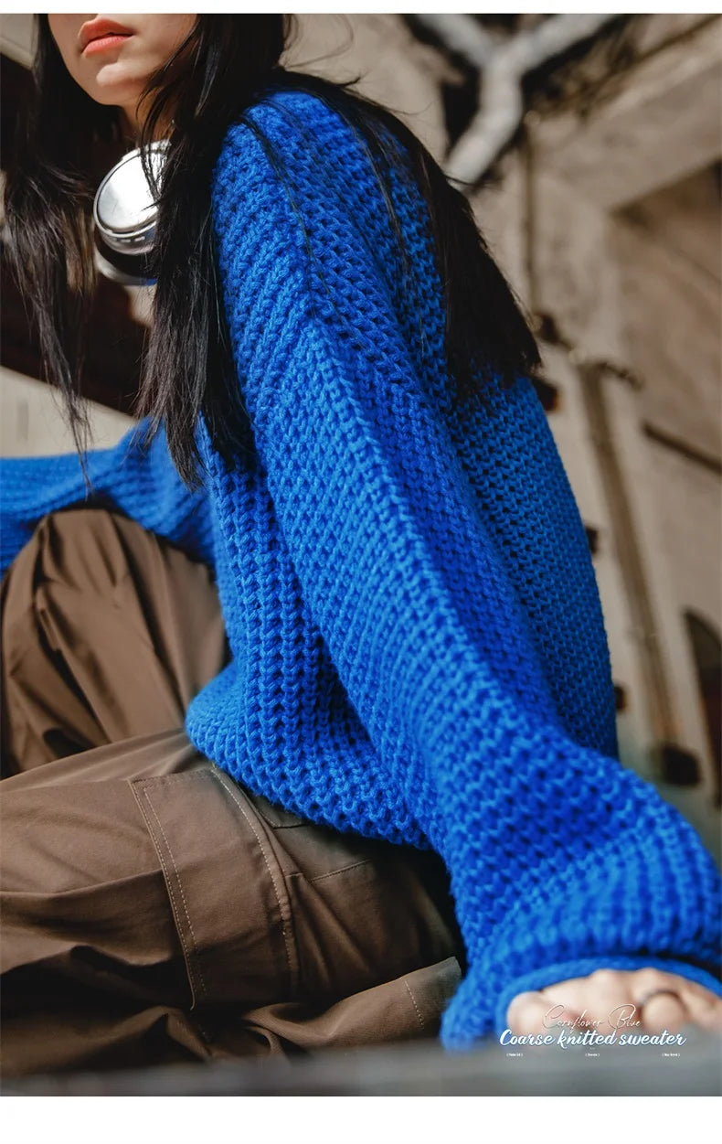 MADEN Women Cornflower Blue Knitted Sweater 2024 New Autumn Winter Long Sleeve Curled Collar Knitwear Warm Pullover Sweater