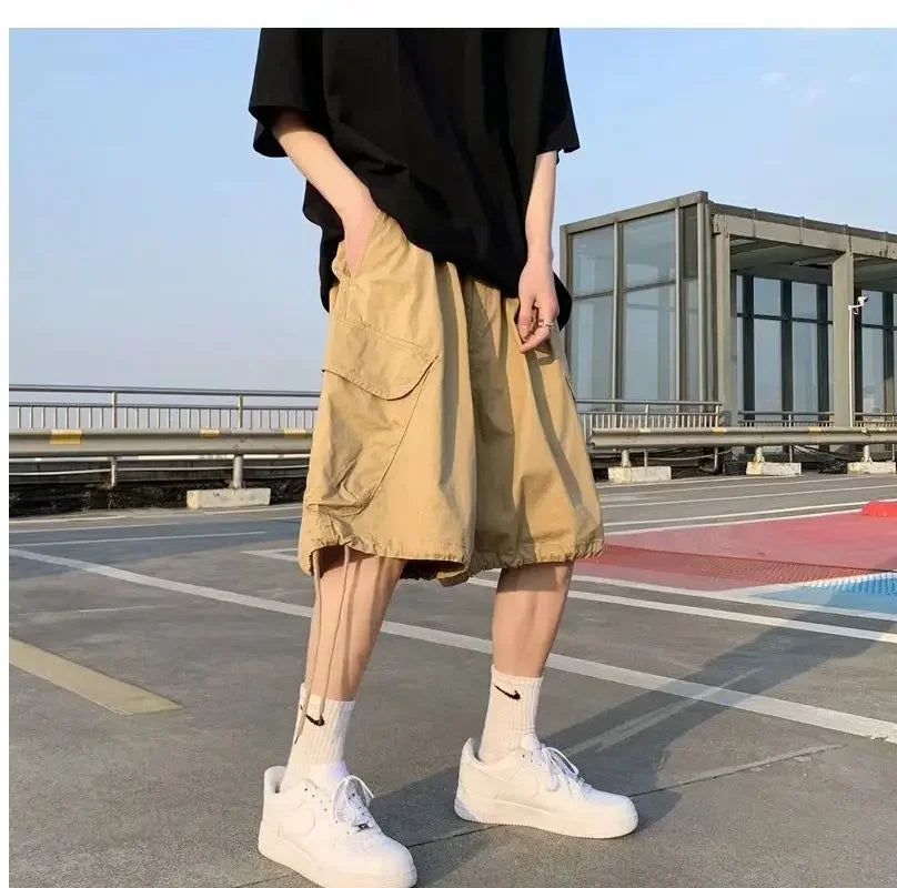 Khaki 7-point Men Summer Thin Japanese Workwear Wide-leg Loose Over-knee Shorts