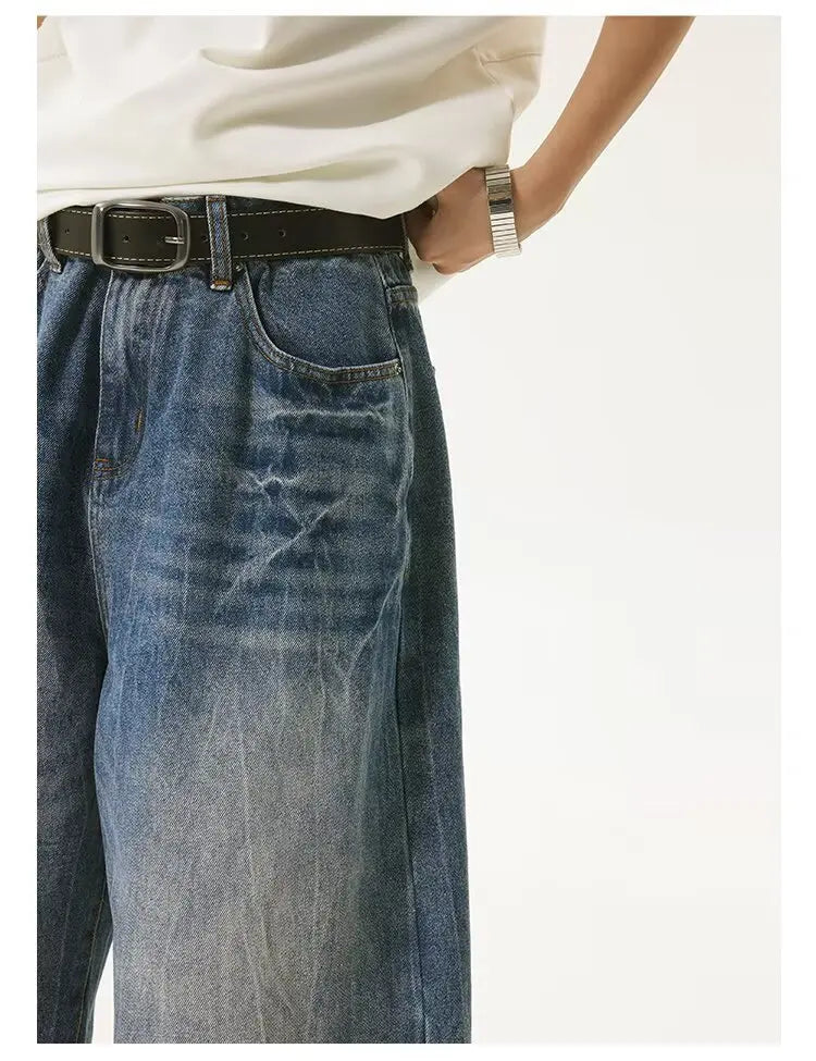 American High Street Lightning Jeans Men's Straight Leg Wide Leg Hip Hop Cool Retro American Seven-Foot Blue Shorts