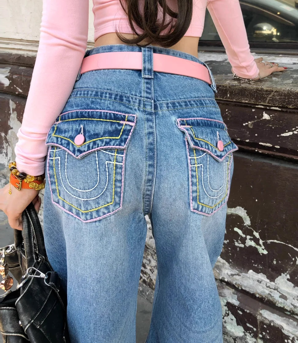 Embroidery Baggy Jeans Women Clothing Street Fashion Vintage Hip Hop Jeans Woman Casual Wide-leg Y2k Pants High Waited Jeans