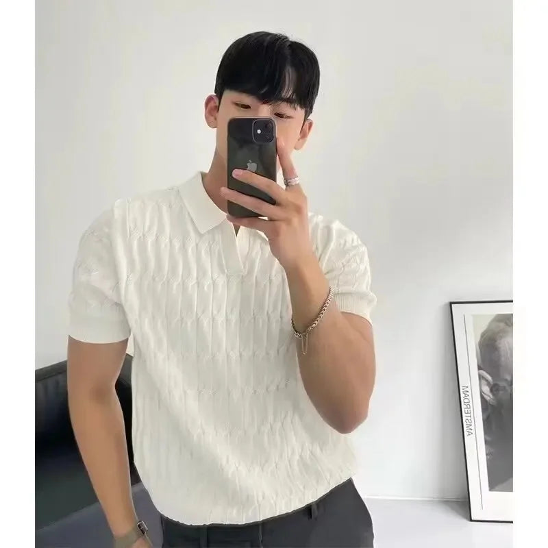 Summer New Light Maturity Knitted Polo Shirt Men's Korean Style Slim Fit Collar Pure Color Casual T-Shirt Cross-Border