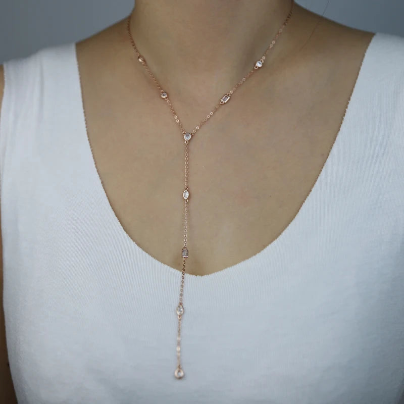American Fashion Micro pave Water Drop Bezel Oval CZ Station Link Chain Long Sexy Ladies Y Lariat Necklace Collarbone Jewelry