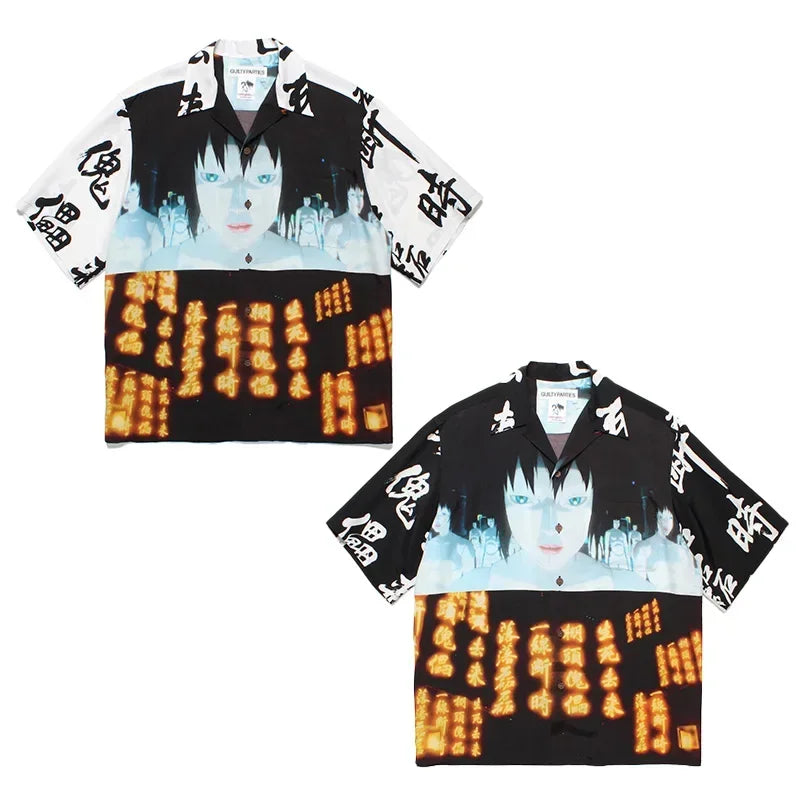 Summer Blue Letters Embroidery WACKO MARIA Shirts Men Women Graphics Print Hawaiian Short Sleeve Tee Casual Fashion Beach Shirt