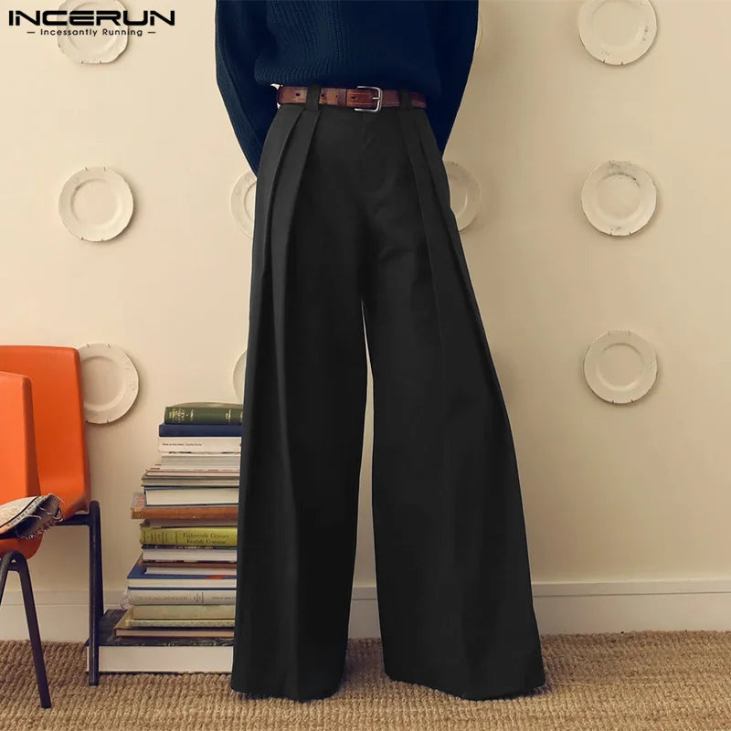 INCERUN Men Wide Leg Pants Solid Color Button Joggers Loose Pleated Casual Trousers Men Streetwear 2024 Fashion Long Pants S-5XL