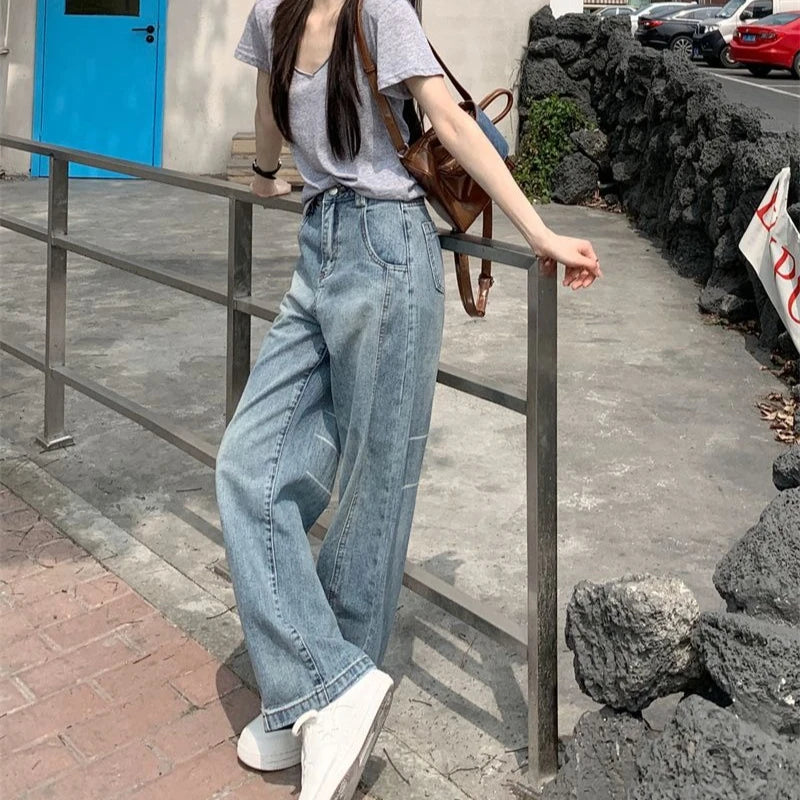 Vintage Baggy Jeans Womens' Loose-Fit Denim Pants Lightweight Bell Bottom Jean Retro Ladies' Denim Trousers Pockets Wide Pants
