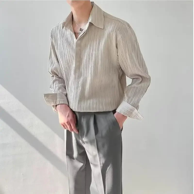 Trendy Stylish Striped No-iron Shirt Autumn Texture Top Korean Version Loose-fit Casual Long Sleeves Shirt For Men