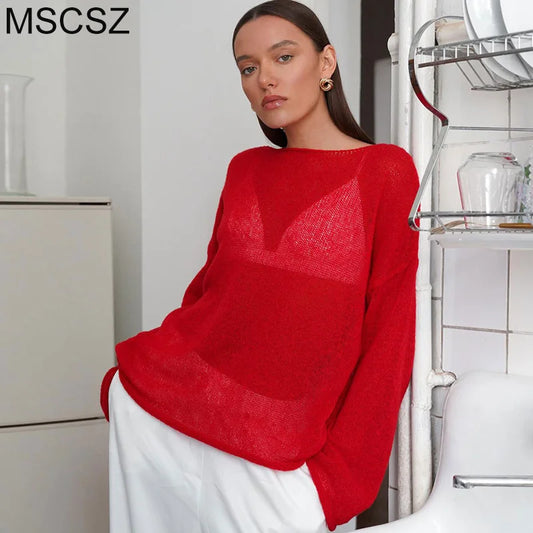 MSCSZ Red Long Sleeve Oversized Sweater Women Transparent Knitted Sweater 2025 Spring Autumn Cozy Sweaters Pullover Tops
