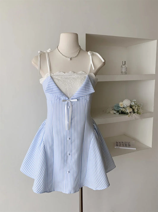 2025 Summer Ballet Core Mori Girl Lace Cami Dress Striped A-line Frock Party Shoujo One-Piece Patchwork Design Korean Fashion