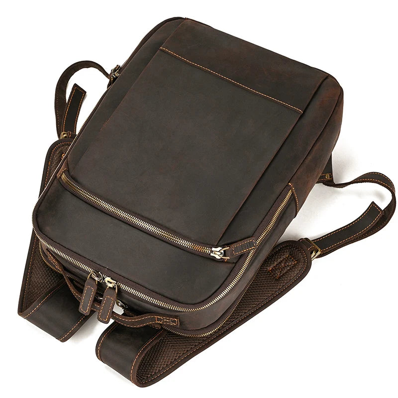Vintage Travel Backpack leather double zipper bagpack male crazy horse leather backpack handmade leather travel bag men bag