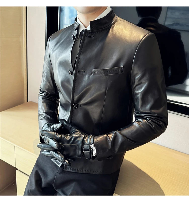 Autumn  Chinese Style Stand Up Collar Leather Jacket Men's Motorcycle Jackets High-end Casual Business Short PU Leather Coats