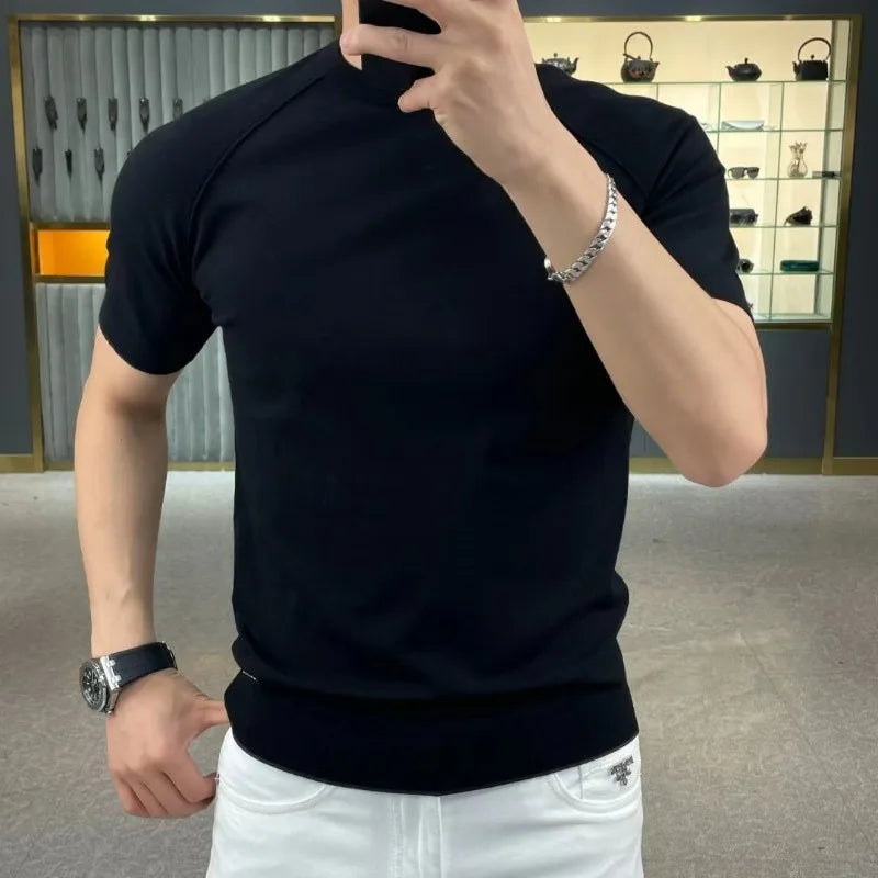 British Fashion Summer High Elastic Slim Round Neck Short Sleeve T-shirt Men's Solid Patchwork Smart Casual Versatile Cotton Top