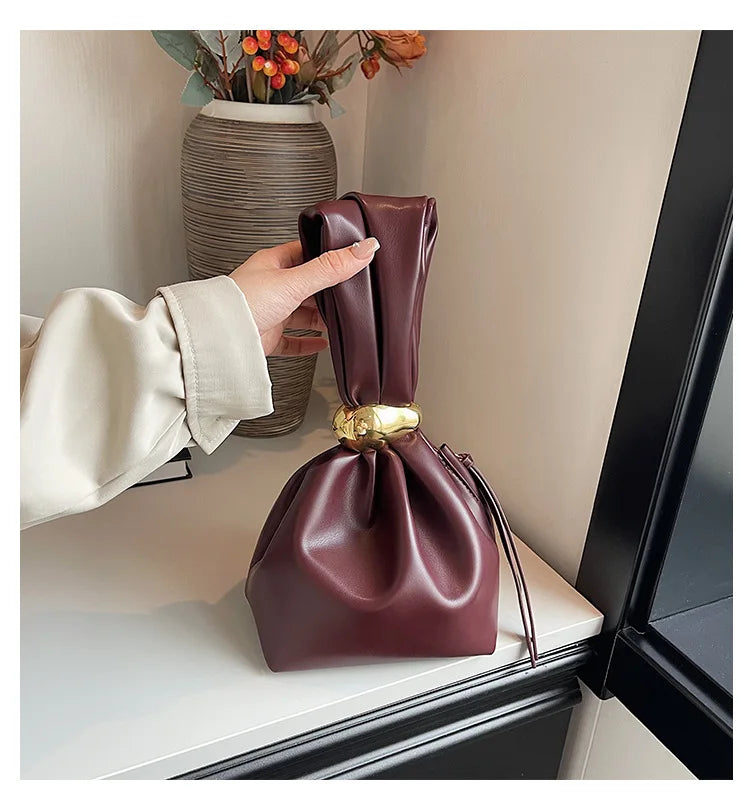 Solid Color PU Leather Handbag Pleated Cloud Shaped Women Bucket Bag, Fashionable Burgundy Women's Luxury Bag