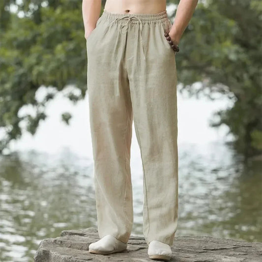 New Men's Cotton Linen Pants Male Autumn New Breathable Solid Color Linen Trousers Fitness Streetwear Men Gyms Pants Size S-4XL
