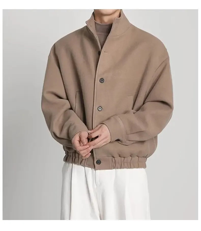 Autumn Winter Men's Fashion Stand Collar Jacket Woolen Coat British Style Baseball Design Workwear Thin Model Summer Suitable