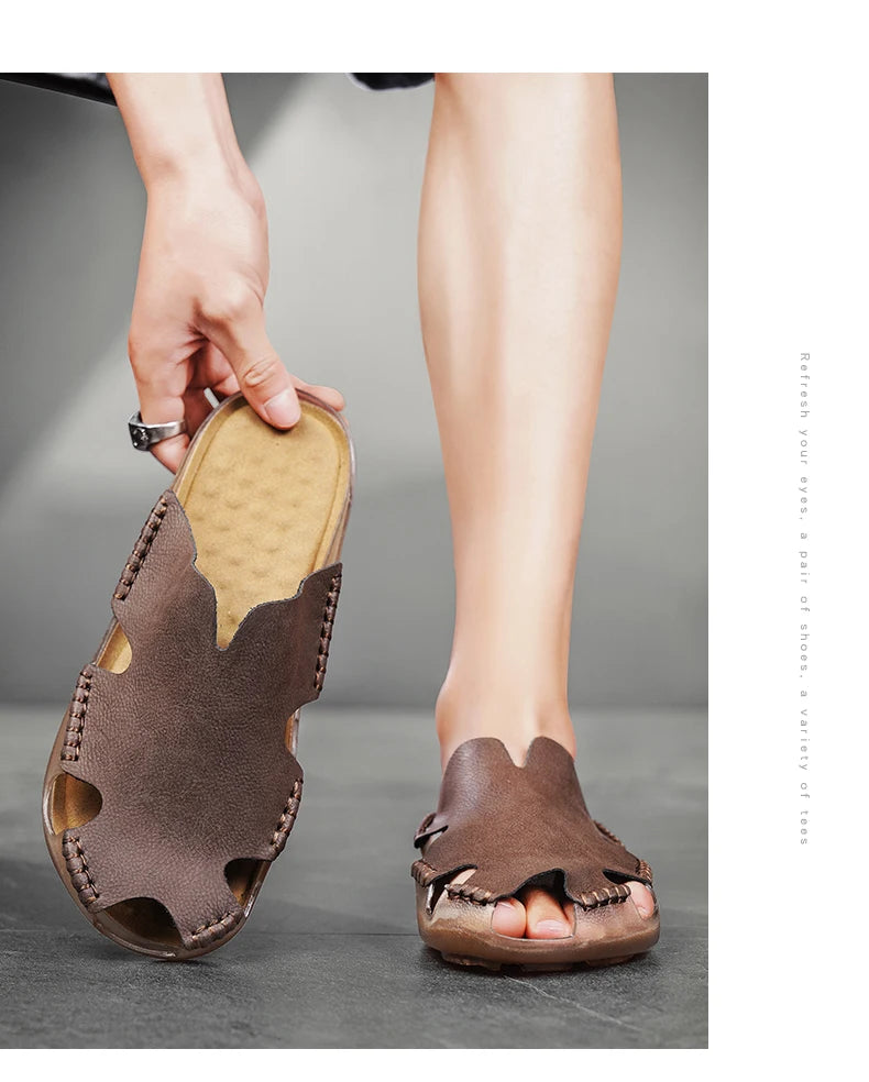 Large Men's Summer Leather Sandals Slippers Soft Sandals Men's Roman Comfortable Outdoor Walking Shoes 38-48