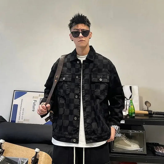 Denim Jackets Man Wide Shoulders Autumn Jeans Coat for Men Black Plaid Fashion Korean Popular Clothes of Fabric Winter 2024 Y2k
