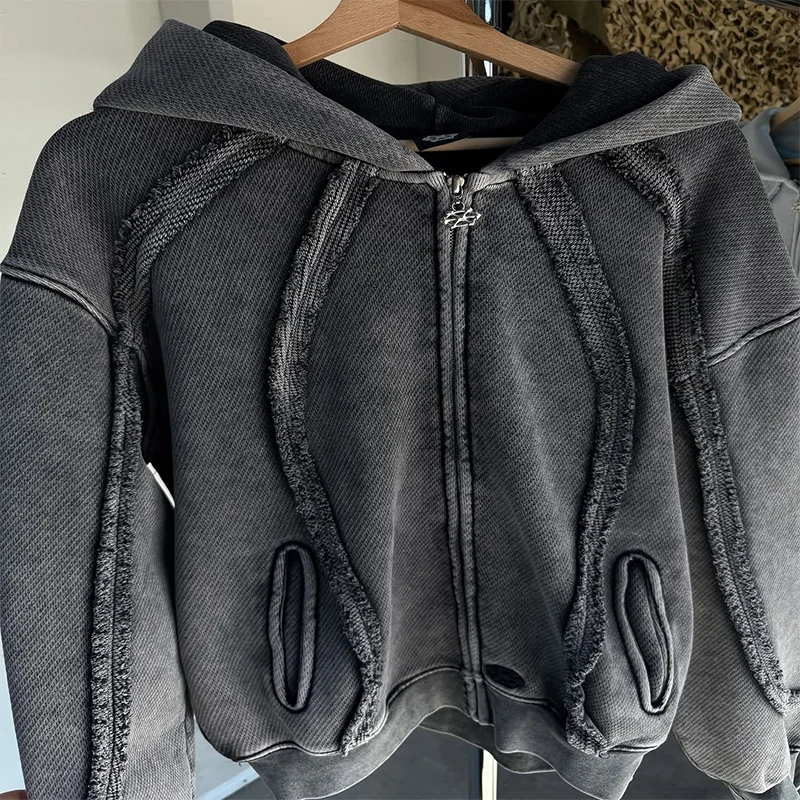 Y2K Harajuku Retro Hoodie Fashion Trend Striped Splicing Custom Zipper Hoodie Gothic Men Women High End Casual Streetwear Top
