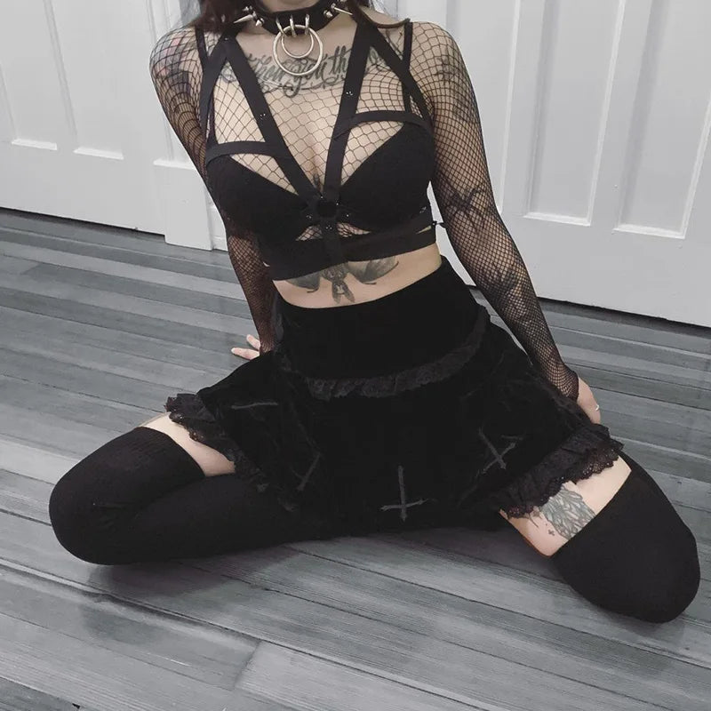 Goth Dark Mall Gothic Aesthetic Velvet Pleated Mini Skirts Women Vintage Harajuku Emo Alt Clothes High Waist Lace Ruffles Skirt