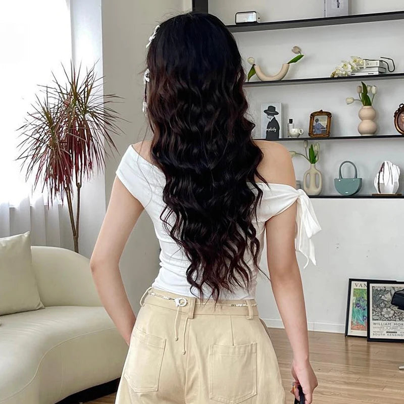 CUTENOVA 2024 Women'S Summer Ins Style New Shrink Pleated One-Shoulder Crop Top Backless Twist Tie Asymmetric T-Shirt Casual Top