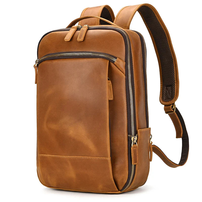 Vintage Travel Backpack leather double zipper bagpack male crazy horse leather backpack handmade leather travel bag men bag