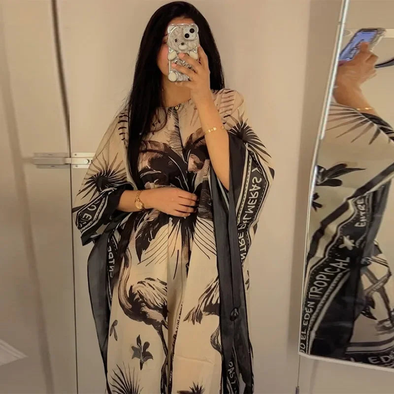 Fashion Print Pleated Long Dresses Women Party O-neck Full Sleeve Female Holiday Dresses 2025 Summer Lady Elegant  Robes