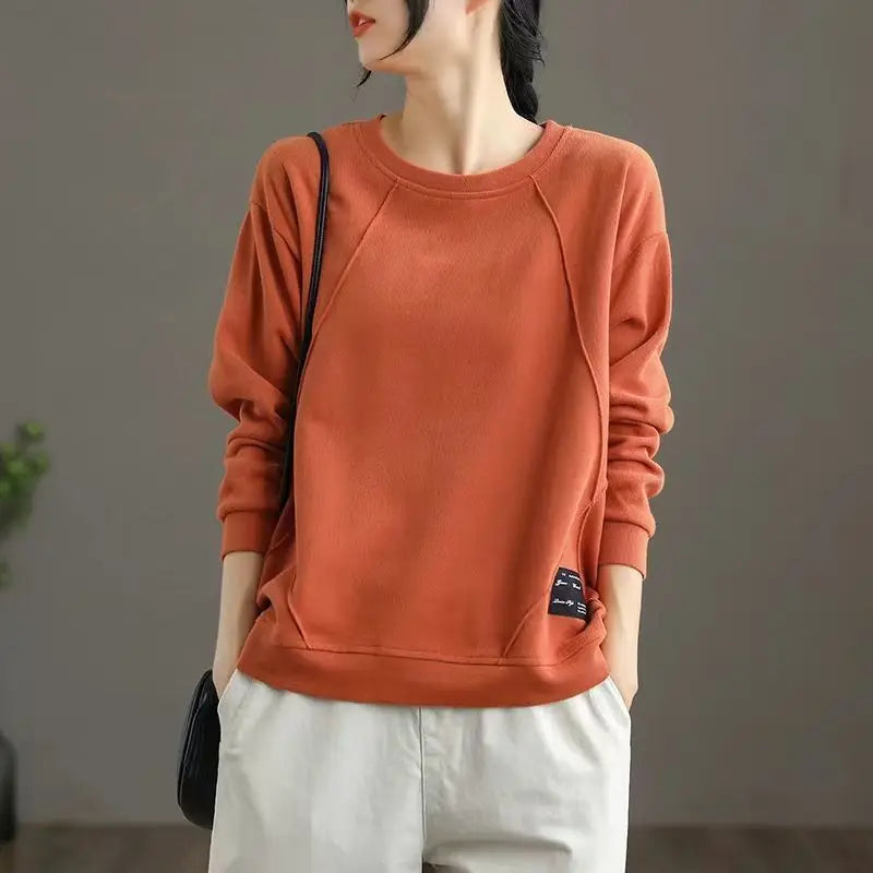 Women's Clothing Spring Autumn Appliques Casual Streetwear Cotton Sweatshirt Female O Neck Solid Long Sleeve Loose Pullover Tops