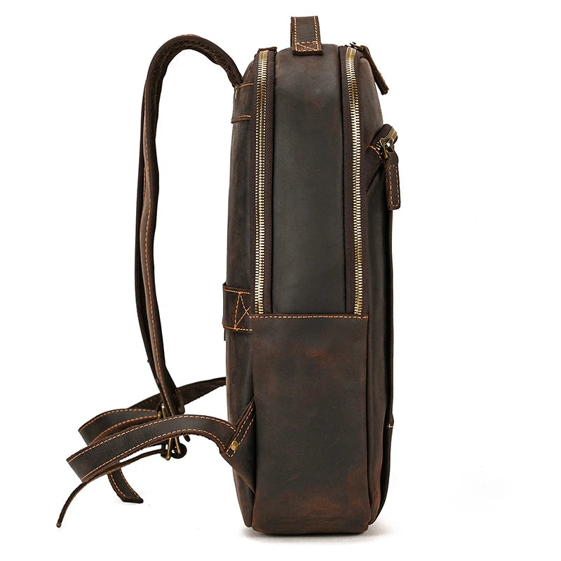 Vintage Travel Backpack leather double zipper bagpack male crazy horse leather backpack handmade leather travel bag men bag