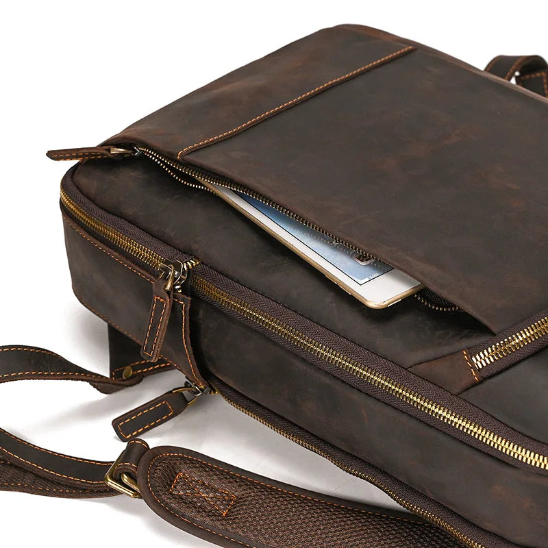 Vintage Travel Backpack leather double zipper bagpack male crazy horse leather backpack handmade leather travel bag men bag