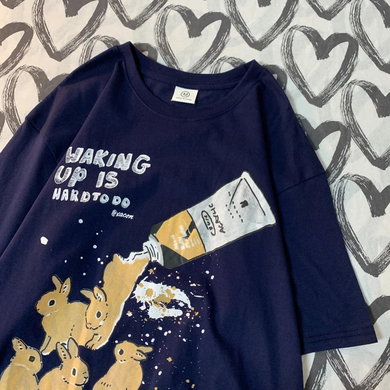 American Retro Rabbit Print Short Sleeved t-shirt For Men Women In Harajuku Lazy Style Pure Cotton Versatile Round Neck Tee